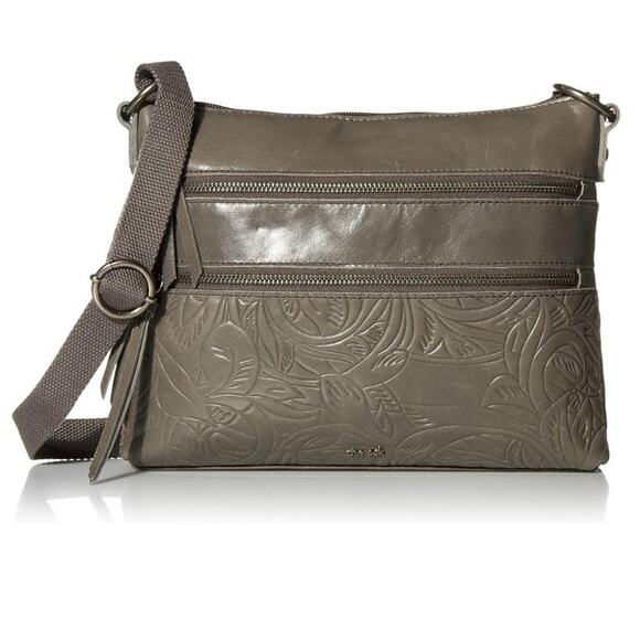 The Sak Reseda Gray Leather Bohemian Crossbody Bag Purse Embossed Floral - Picture 1 of 16